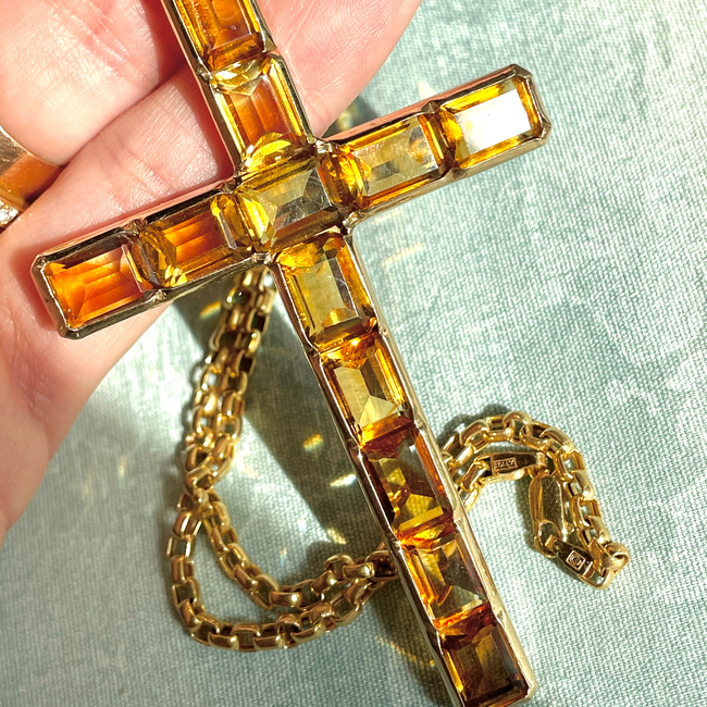Vintage 14K citrine cross pendant and chain, 21.25 inch-gallery-52662384656699