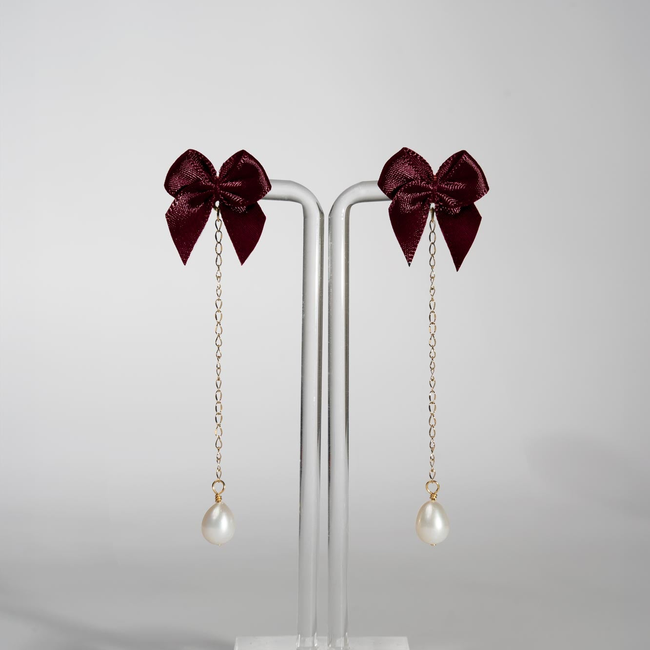 Satin Bow & Pearl Drop Earrings in Plum-gallery-41466367967470