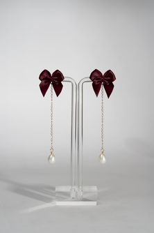 Satin Bow & Pearl Drop Earrings in Plum