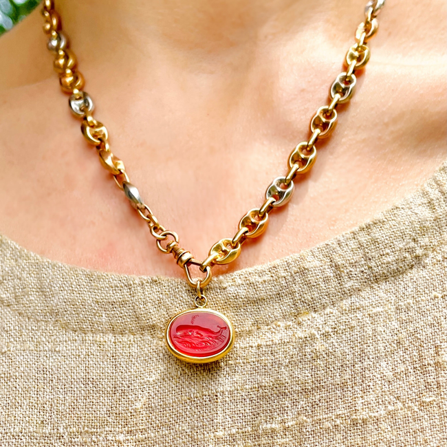 Vintage yellow 18K carved carnelian aquatic animal pebble pendants-gallery-53190134399291