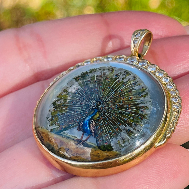 Amazing antique 18K reverse painted Peacock crystal with .7 ctw diamond crescent-gallery-49155972333883