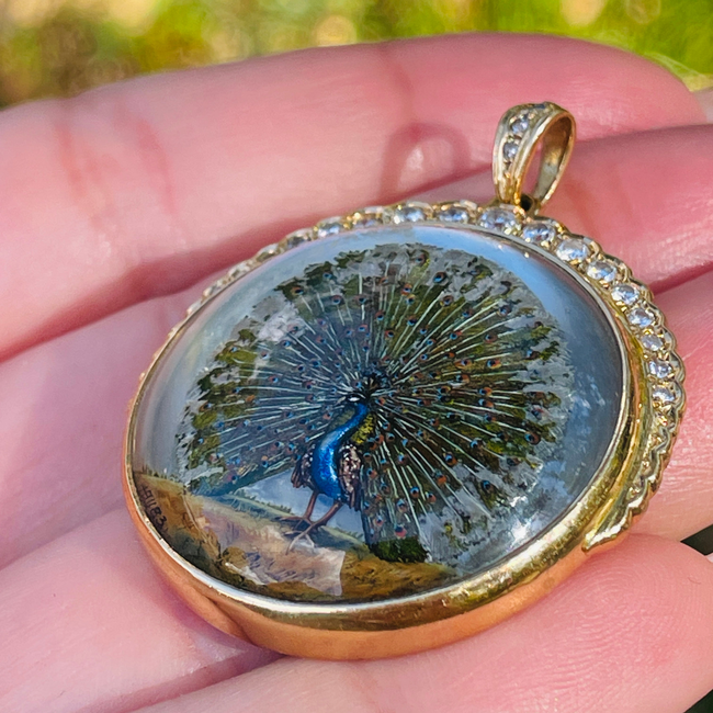 Amazing antique 18K reverse painted Peacock crystal with .7 ctw diamond crescent-gallery-49155972333883