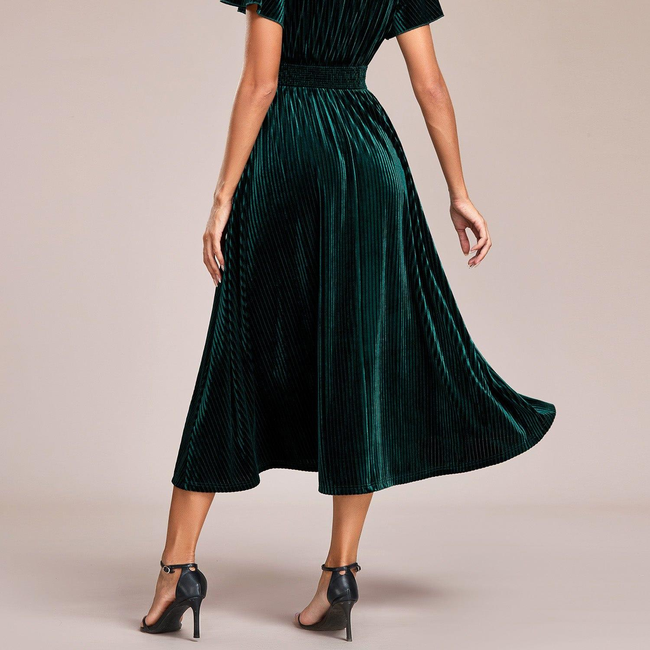 ever AZALEA|Graceful V-Neck Waist Design Short Sleeves Fall Velvet Midi Wedding Guest Dress-gallery-30251464097866
