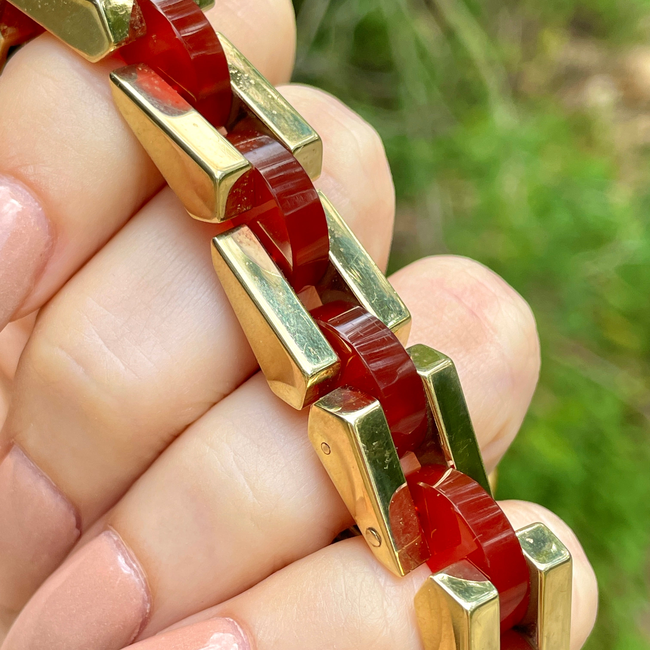 Vintage yellow 14K and carnelian angled link bracelet, 7.25 inch-gallery-53624006902075
