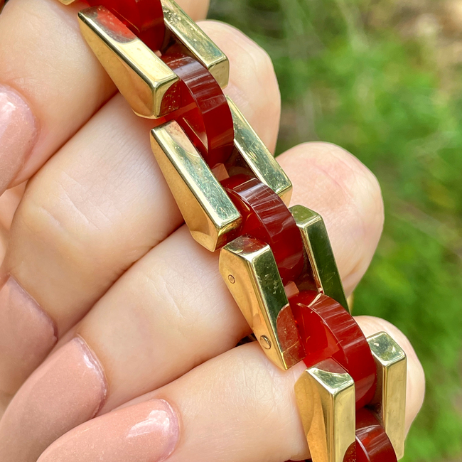 Vintage yellow 14K and carnelian angled link bracelet, 7.25 inch-gallery-53624006902075