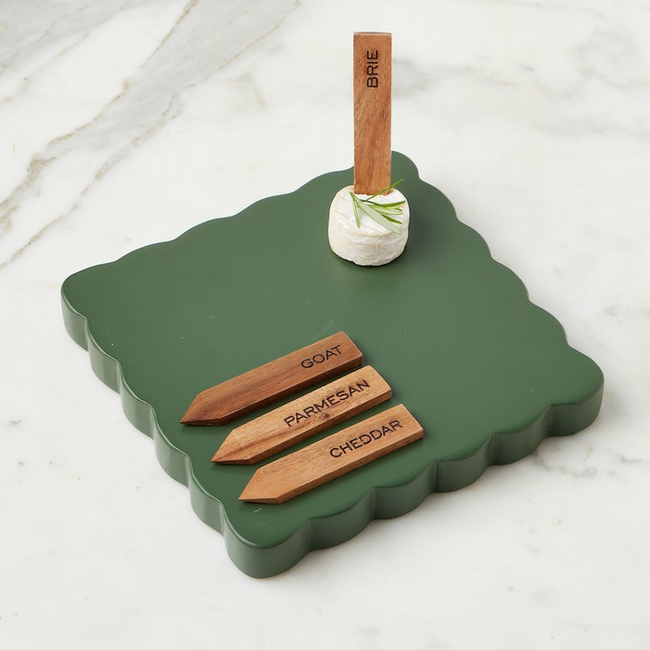 Square Scalloped Cheese Board with Cheese Markers, Small, Spruce Green-gallery-48009890791617