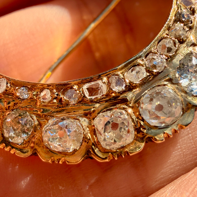 Antique yellow 18K crescent brooch with 2.6ctw of diamonds-gallery-57167729197371