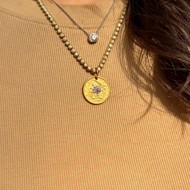 Antique yellow 21K gold 1881 $5 US Liberty coin with approx 1.1 ctw old mine cut diamond pendant-gallery-57180196176187