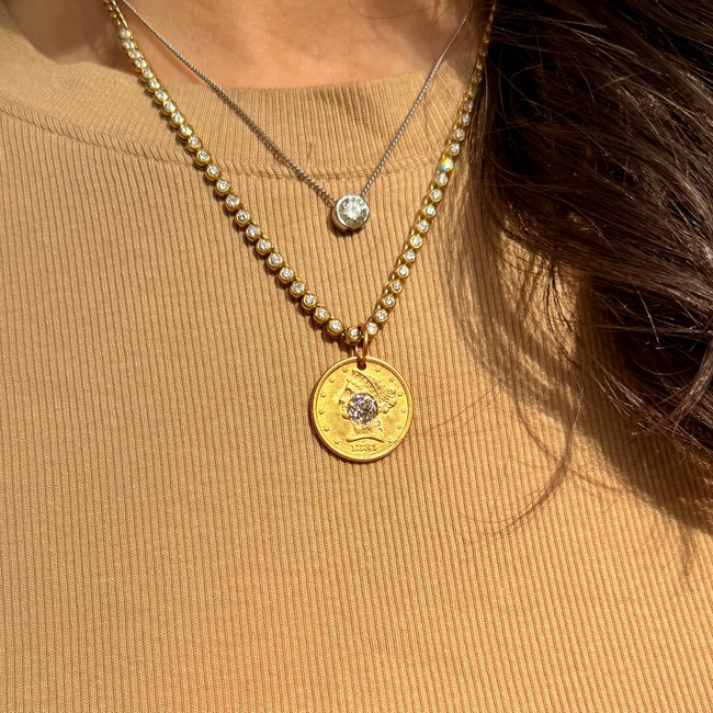 Antique yellow 21K gold 1881 $5 US Liberty coin with approx 1.1 ctw old mine cut diamond pendant-gallery-57180196176187