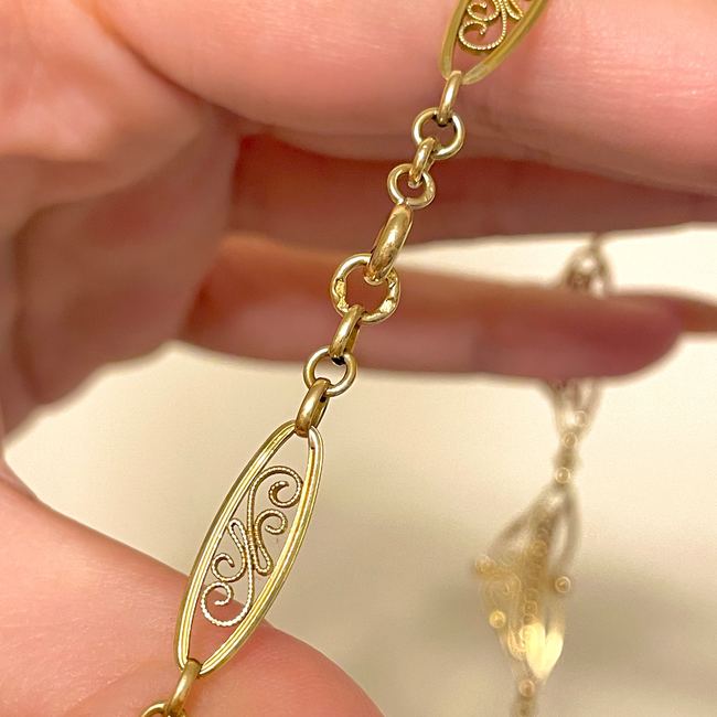 Antique yellow 18K French ornate scrolled link collar necklace, 15.5 inch-gallery-54303258509627