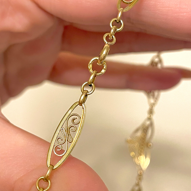 Antique yellow 18K French ornate scrolled link collar necklace, 15.5 inch-gallery-54303258509627