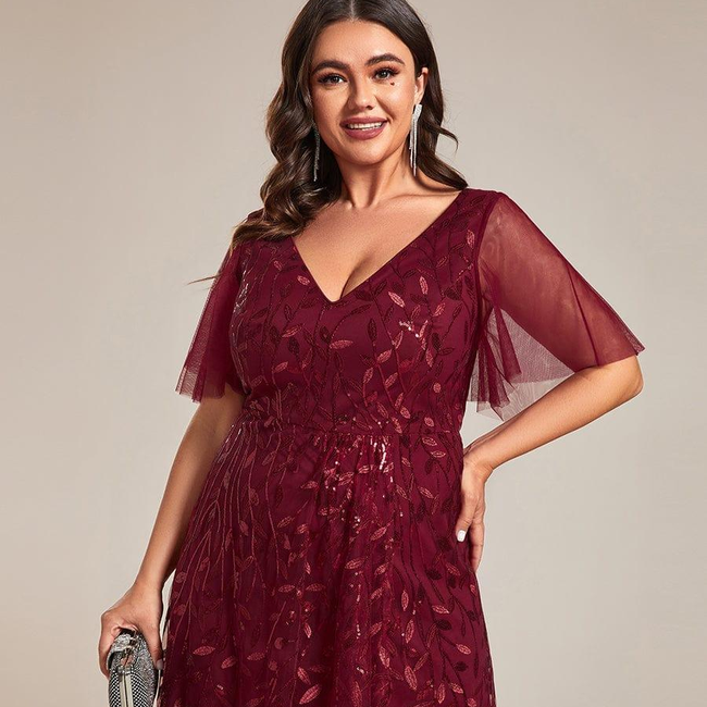 pretty ALIX|Plus Size Short Sleeves Sequin High Low V-Neck Midi Formal Evening Dress-gallery-30613783937098