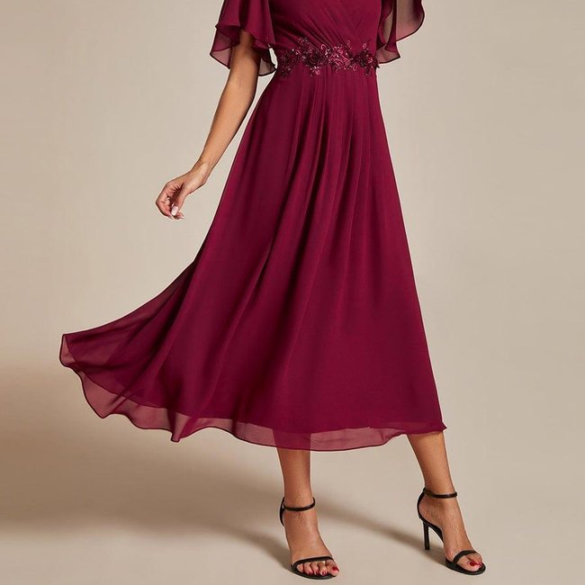 ever DAHLIA|Floral Applique Short Sleeve V-Neck Chiffon Bridesmaid Dress-gallery-32687590277194
