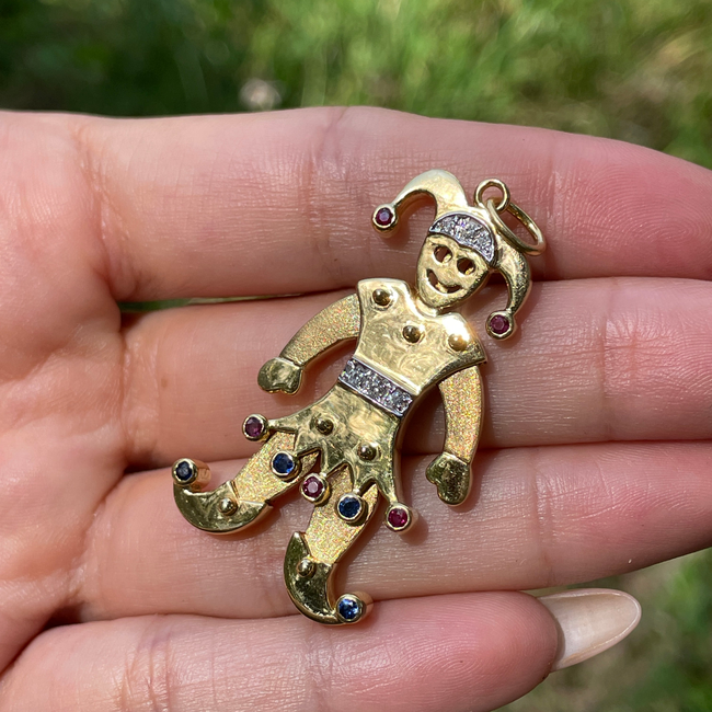 Vintage yellow 18K articulated Jester pendant with rubies, sapphires and diamonds-gallery-47460956766523