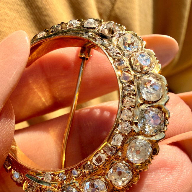 Antique yellow 18K crescent brooch with 2.6ctw of diamonds-gallery-57167729295675