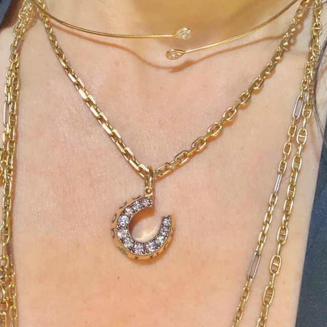 Vintage yellow 18K Tiffany and Co Elsa Peretti wire collar necklace with pear cut bezel set diamonds-gallery-56832164004155