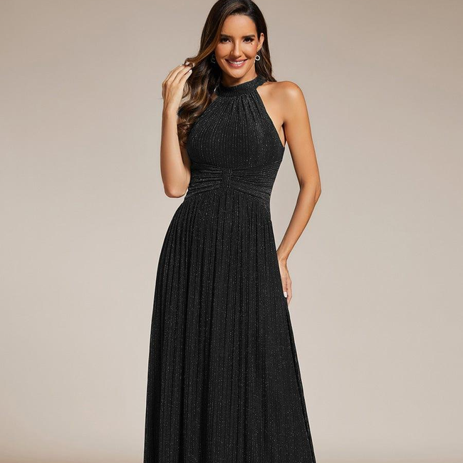 ever EVERLAINE|Halter Neck Pleated Glittery Formal Evening Dress with Empire Waist-gallery-31220486602826
