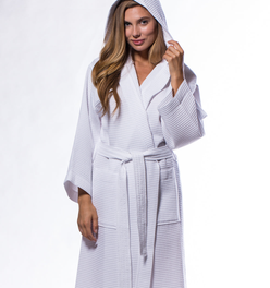 Waffle Hooded Long Robe Square Pattern White