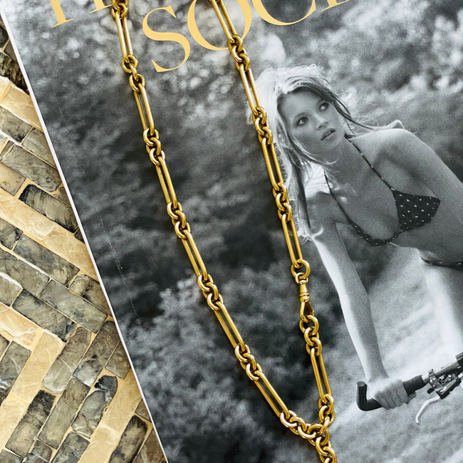 Antique yellow 18K solid trombone link watch chain with sapphire T bar, 19 inch-gallery-55160482955579