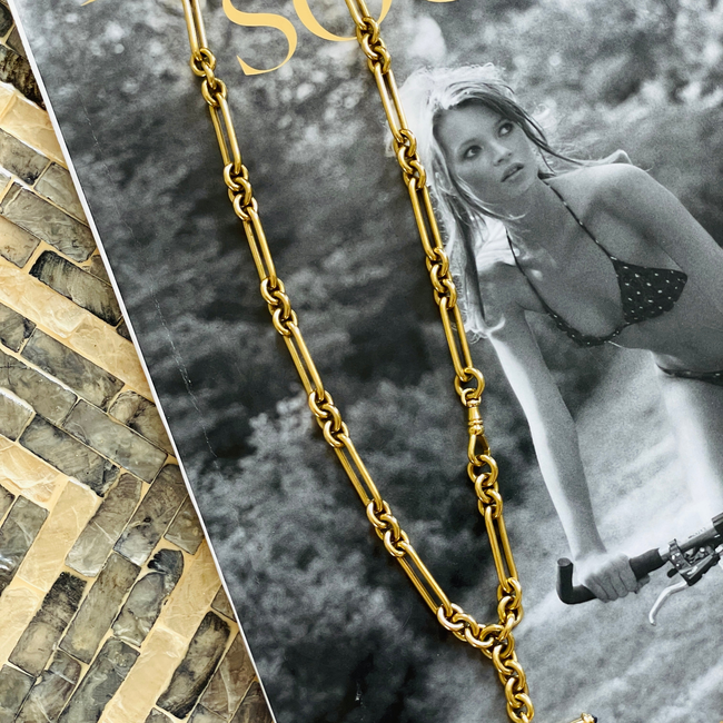 Antique yellow 18K solid trombone link watch chain with sapphire T bar, 19 inch-gallery-55160482955579