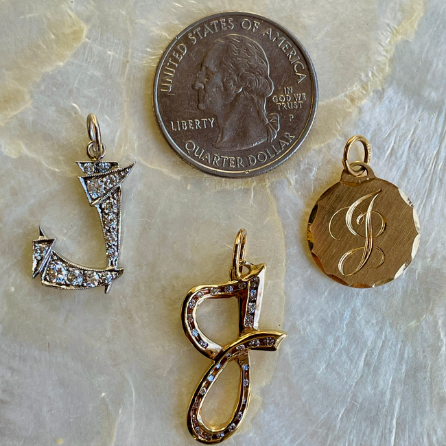 Vintage yellow 14K letter J engraved medallion charm-gallery-50764112101691