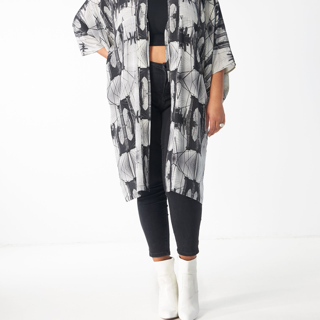 Babs Silk Kimono - Brooklyn Bridge - Black/White-gallery-40066182873384