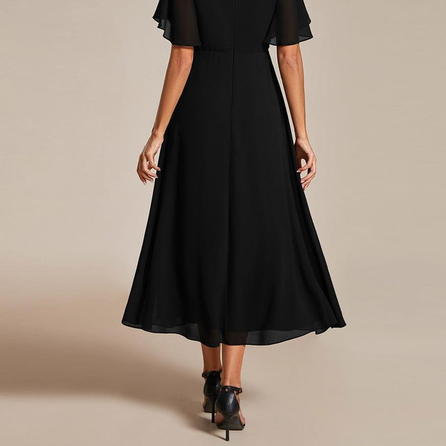 ever DAHLIA|Floral Applique Short Sleeve V-Neck Chiffon Bridesmaid Dress-gallery-32687590146122