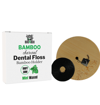 Dental Floss, Charcoal Woven Thread, Round Bamboo Holder, Mint Flavor