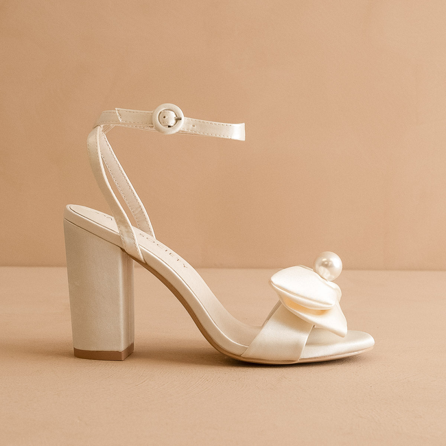 The Celine | Ivory Pearl Bow Bridal Block Heel-gallery-42358632579249