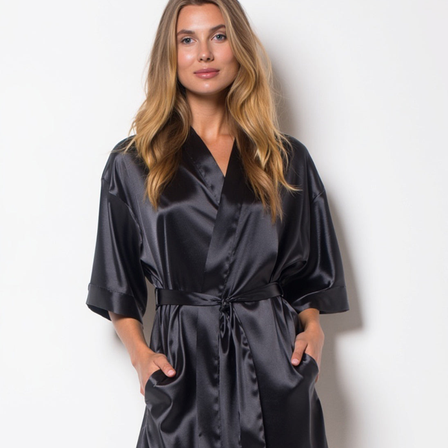 Black Satin Kimono Short Robe-gallery-48517567185155