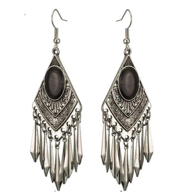 Black Cat's Eye Stone Boho Dangle Earrings-gallery-30351396995130