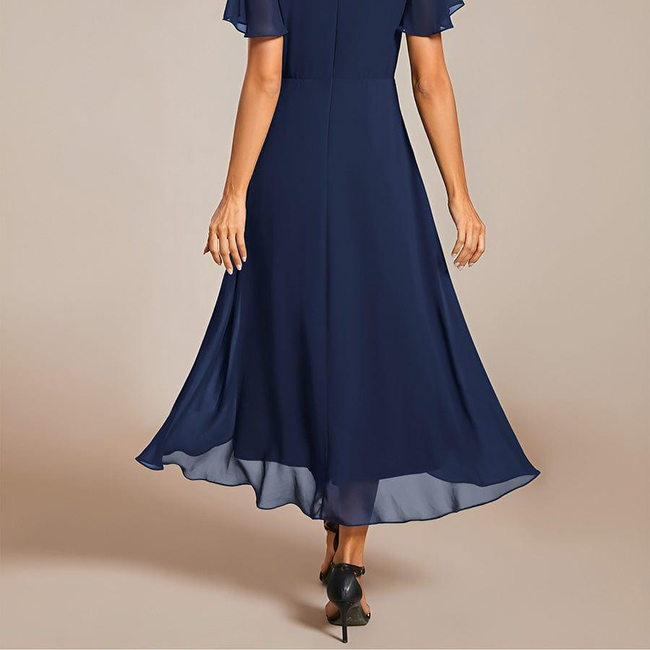 ever LARK|Ruffles Sleeve Pleated V-Neck A-Line Midi Chiffon Wedding Guest Dress-gallery-31451643576394