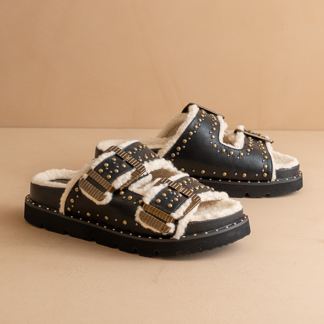 The Gaylen | Black Fleece Lined Slipper Slide-gallery-38968684445873