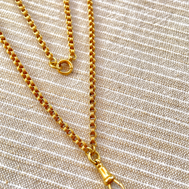 Antique yellow 18K triple rolo link watch chain with dog clip and bolt clasp, 23.5 inch-gallery-55477228699963