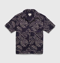 Mariner All Over Leaf Embroidery Camp Collar Shirt - Navy Blazer