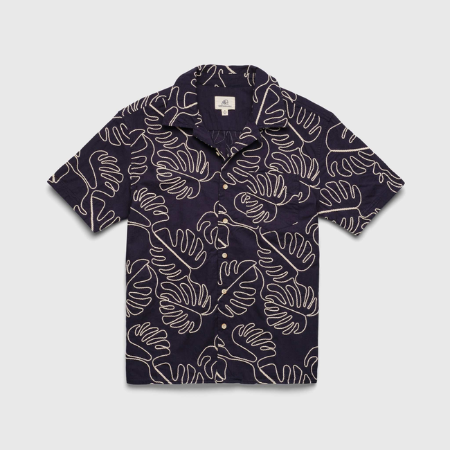 Mariner All Over Leaf Embroidery Camp Collar Shirt - Navy Blazer-gallery-47041090322690