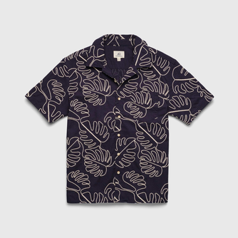 Mariner All Over Leaf Embroidery Camp Collar Shirt - Navy Blazer