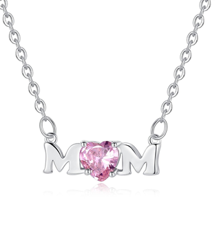 Mom Necklace with Pink Cubic Zirconia