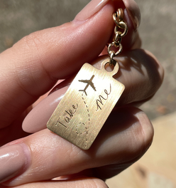 Vintage yellow 14K hand engraved Take Me With You airline tag pendant