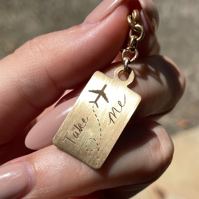 Vintage yellow 14K hand engraved Take Me With You airline tag pendant-gallery-55848880275771