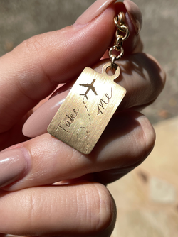 Vintage yellow 14K hand engraved Take Me With You airline tag pendant