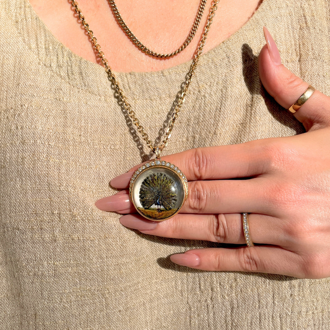 Amazing antique 18K reverse painted Peacock crystal with .7 ctw diamond crescent-gallery-49155972235579