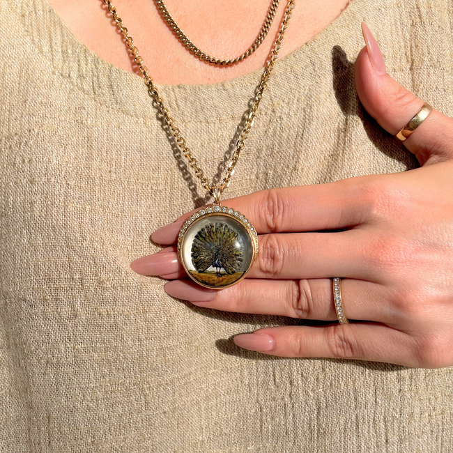 Amazing antique 18K reverse painted Peacock crystal with .7 ctw diamond crescent-gallery-49155972235579