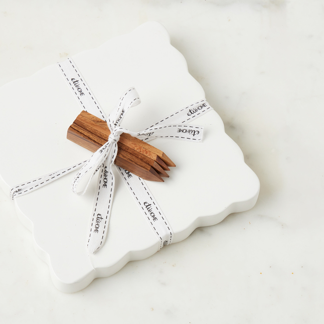 Square Scalloped Cheese Board with Cheese Markers, Small, White-gallery-48543648514241