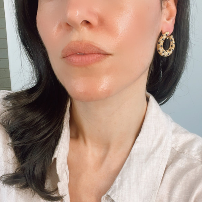 Vintage 18K textured bypass hoops with 3ctw cabochon sapphires and .75 ctw diamonds-gallery-55344662905147