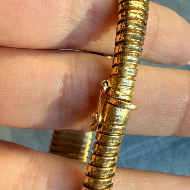 Vintage yellow 18K tubogas bracelet, 7.25 inch fit can stretch-gallery-57141859156283