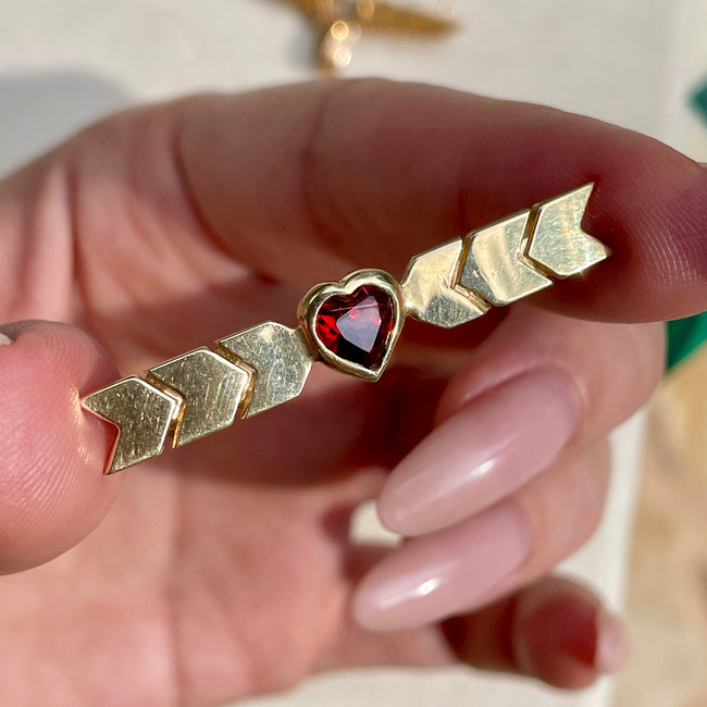 Vintage yellow 14K bezel set red garnet heart pin, 1.5 inch-gallery-47461368791355