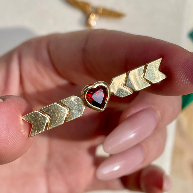 Vintage yellow 14K bezel set red garnet heart pin, 1.5 inch-gallery-47461368791355
