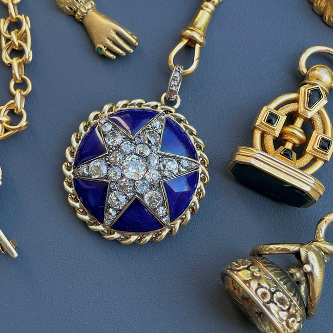 Antique yellow 14K approx over 4 ctw old mine cut and rose cut diamond blue enamel star statement pe-gallery-56086948086075