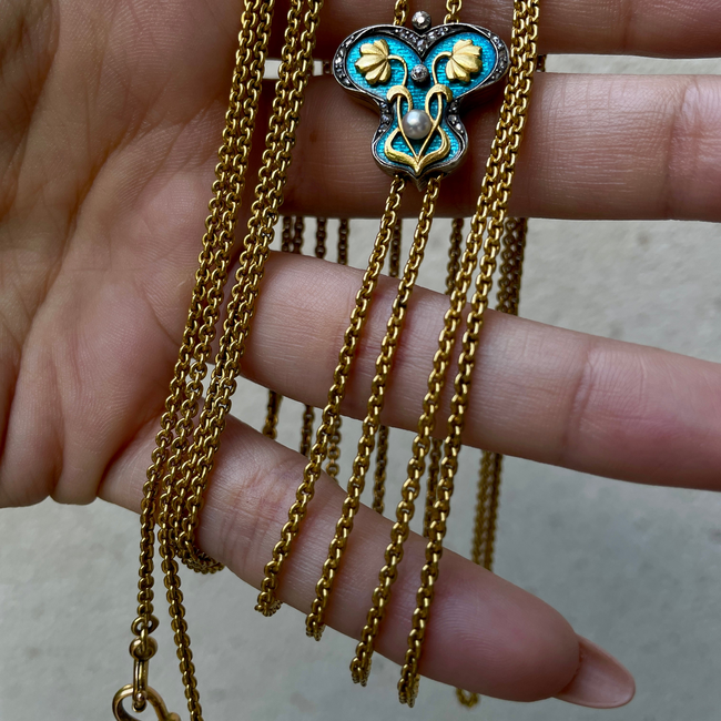 Antique Art Nouveau longguard chain with 21K/22K gold chain, 14K gold blue enamel butterfly slider w-gallery-56085002977595